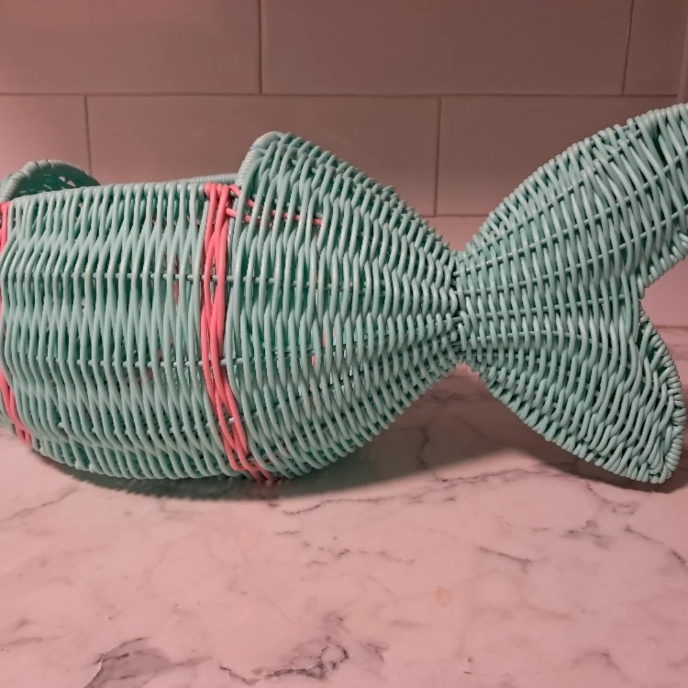 Handwoven Aqua Basket with Pink Accents